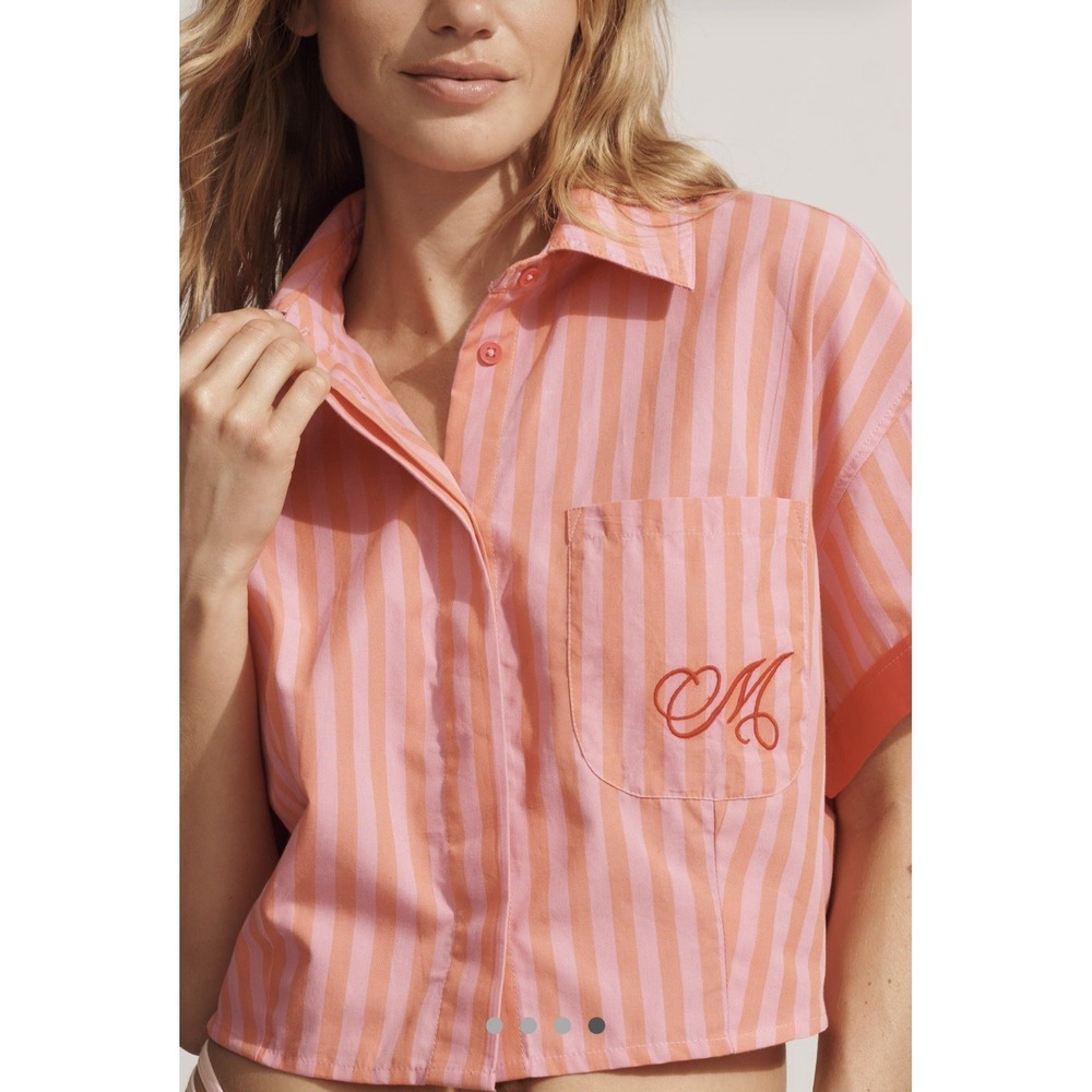 Anthropologie Maeve Monogram Cropped Shirt Sz S Crest Striped Button Up PJ Top - Picture 4 of 12